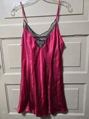 Victoria's Secret Red Black Heart Vintage 100% Silk Nighty Slip Dress GUC